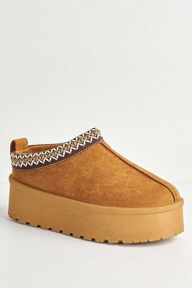 Astria Faux Fur Lining Knit Pattern Detail Flatform Slippers in Camel - Image 4