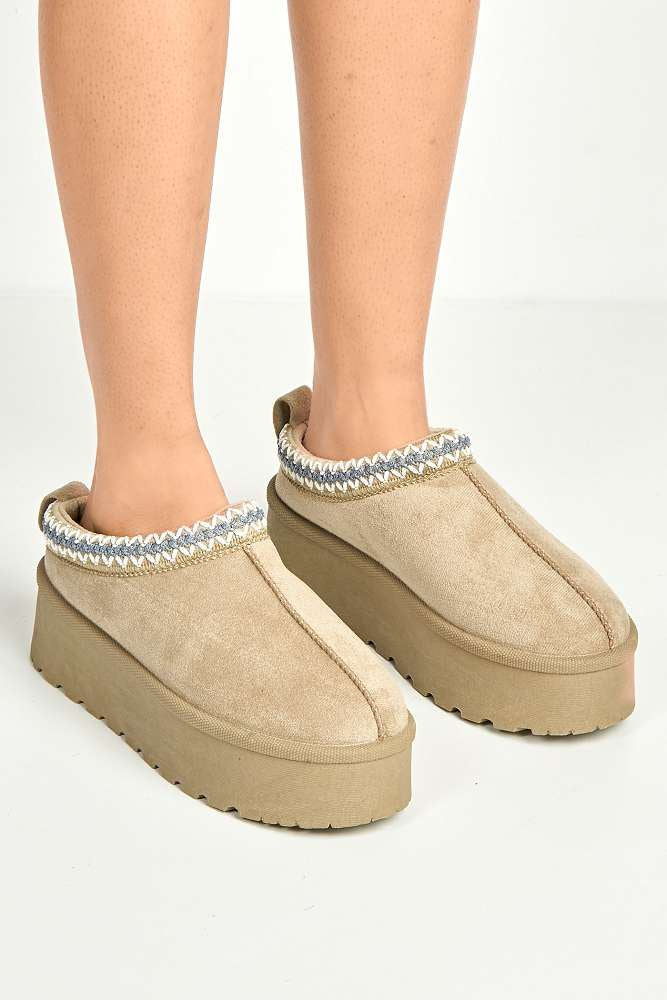 Astria Faux Fur Lining Knit Pattern Detail Flatform Slippers in Mushroom