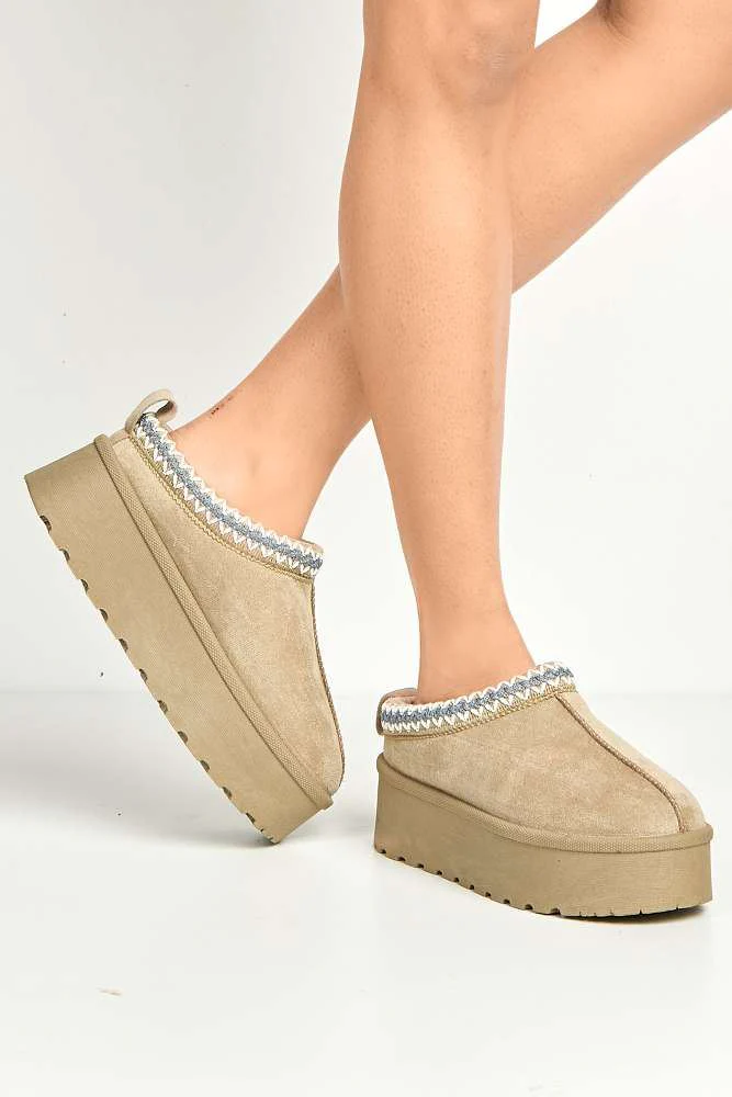 Astria Faux Fur Lining Knit Pattern Detail Flatform Slippers in Mushroom - Image 2