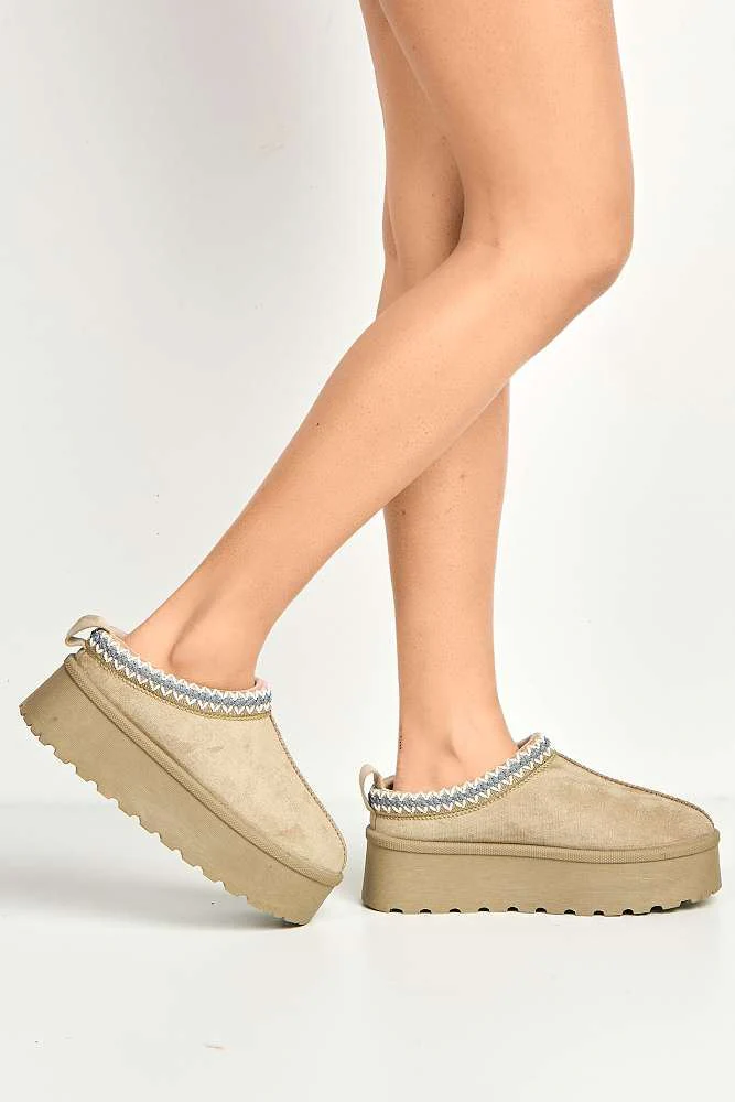 Astria Faux Fur Lining Knit Pattern Detail Flatform Slippers in Mushroom - Image 3