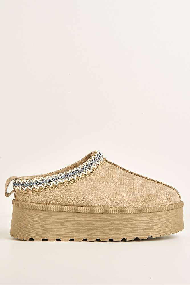 Astria Faux Fur Lining Knit Pattern Detail Flatform Slippers in Mushroom - Image 6