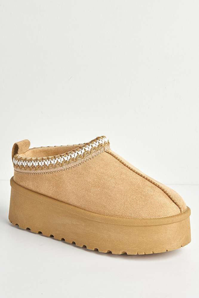 Astria Faux Fur Lining Knit Pattern Detail Flatform Slippers in Sand - Image 4