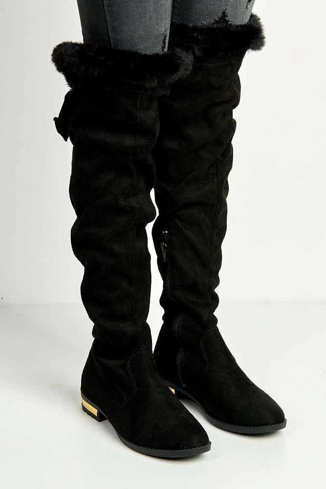 Atalia Faux Fur Collar Gold trim Calf Boots in Black