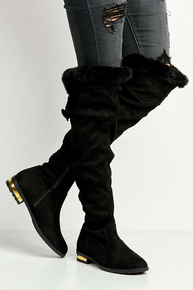 Atalia Faux Fur Collar Gold trim Calf Boots in Black - Image 2