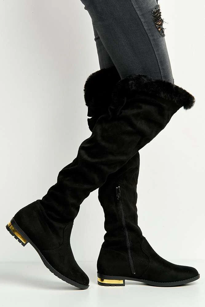 Atalia Faux Fur Collar Gold trim Calf Boots in Black - Image 3