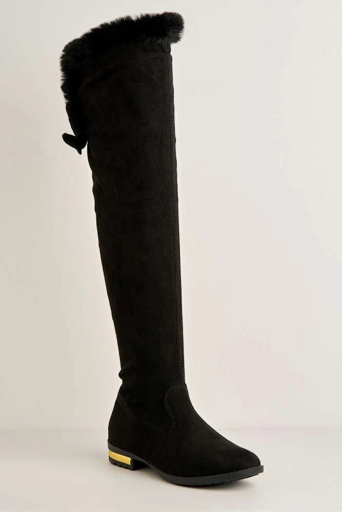 Atalia Faux Fur Collar Gold trim Calf Boots in Black - Image 4