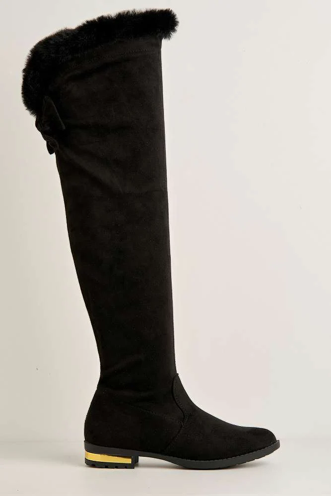 Atalia Faux Fur Collar Gold trim Calf Boots in Black - Image 6