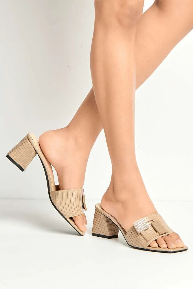 Audrey Brooch Detail Block Heel Mules in Khaki