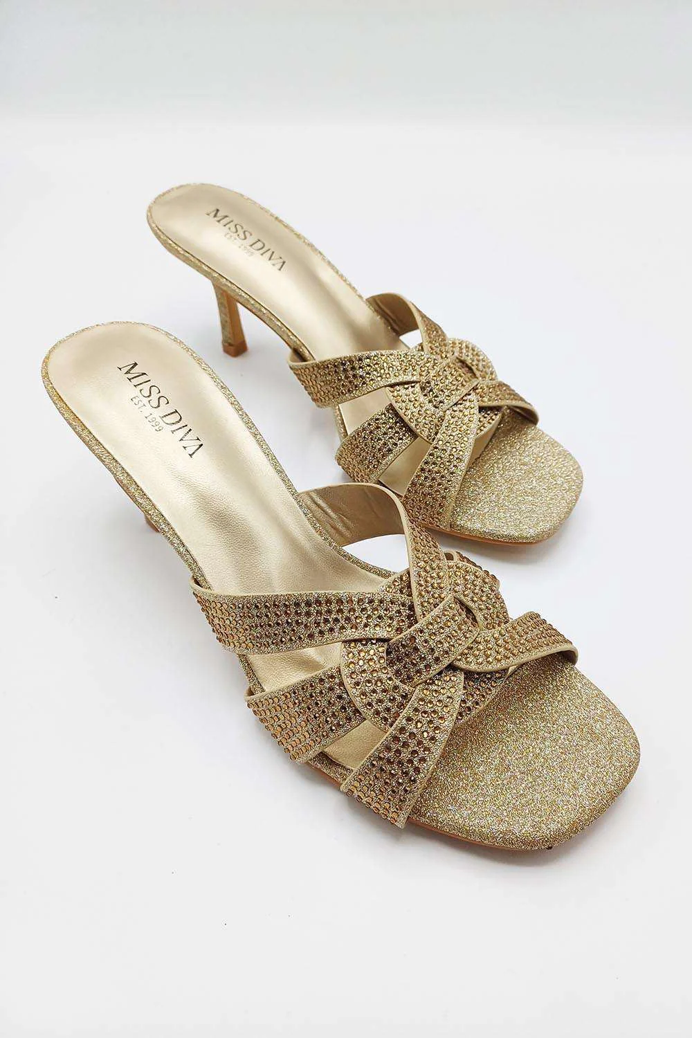 Aurelia Diamante Embellished 3 Strap Mule in Gold - Image 4