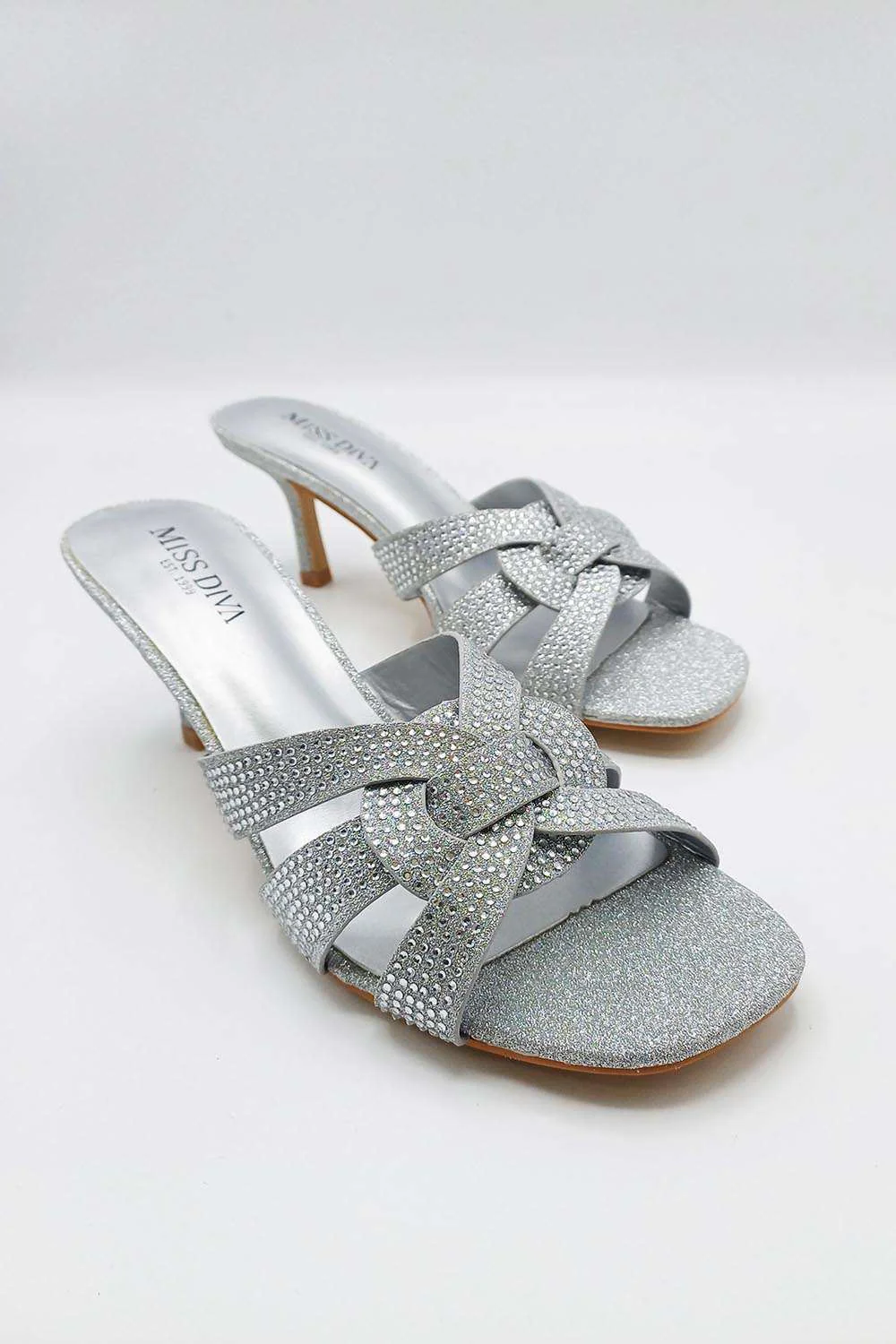 Aurelia Diamante Embellished 3 Strap Mule in Silver - Image 4