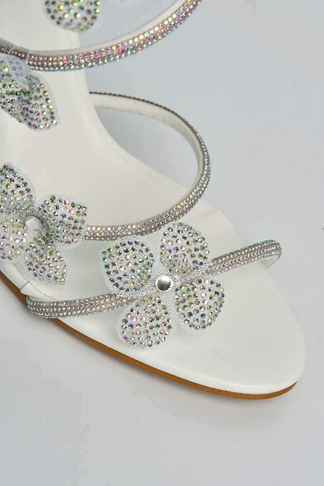 Avaia Flower Detail Diamante Heeled Sandals in White - Image 5