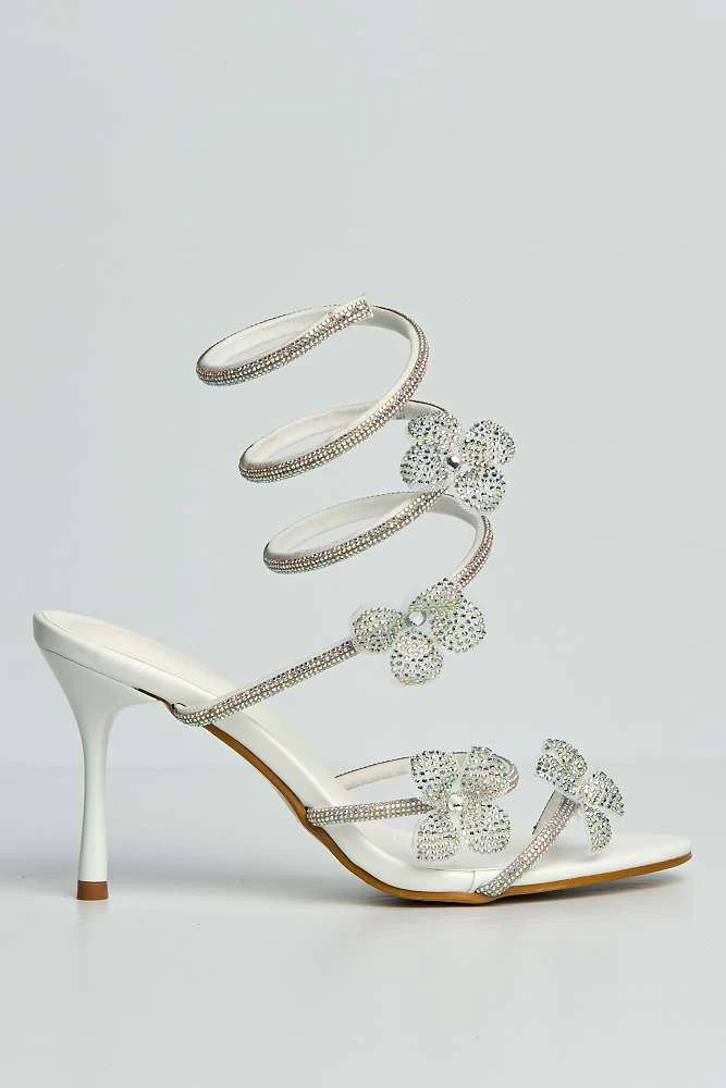 Avaia Flower Detail Diamante Heeled Sandals in White - Image 6