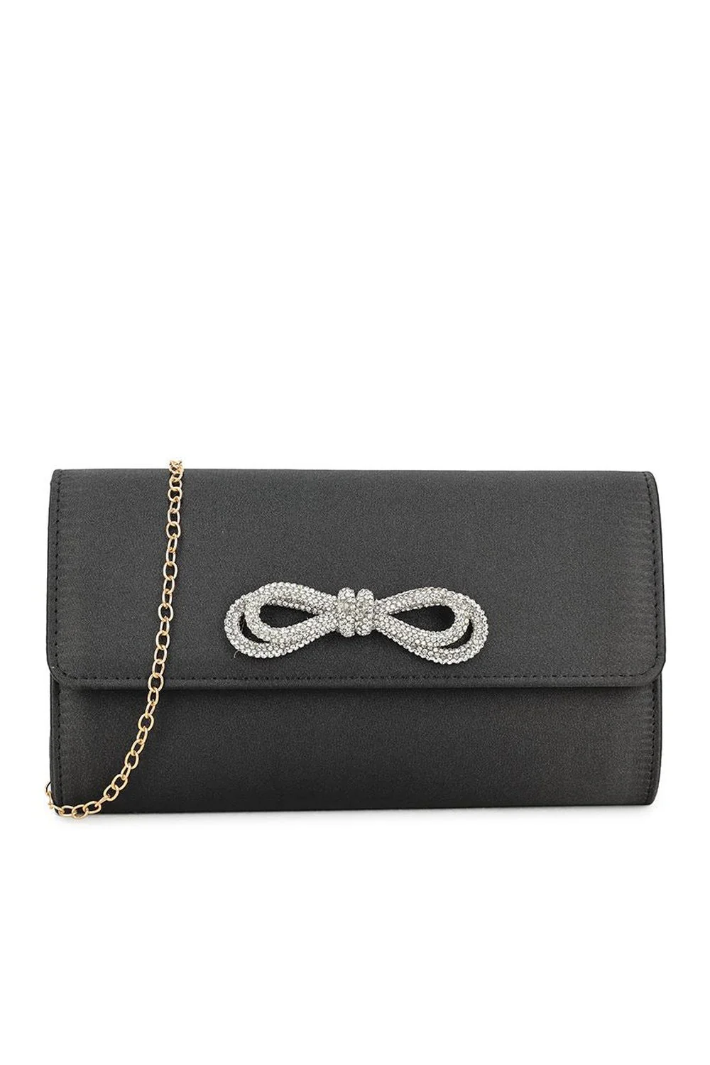 Avery Diamante Bow Detail Clutch Bag in Black