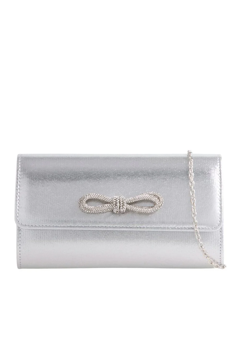 Avery Diamante Bow Detail Clutch Bag in Silver Metallic