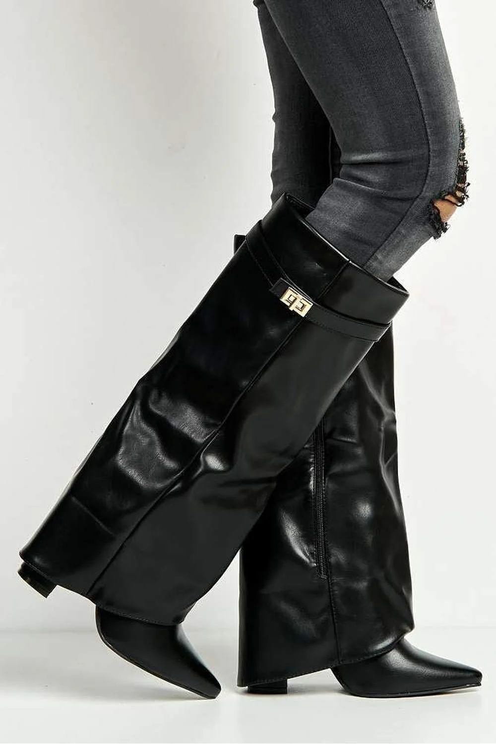 Ayla Block Heel Pointy Toe Gold Trim Buckle Collar Covered Calfboots in Black - Image 3