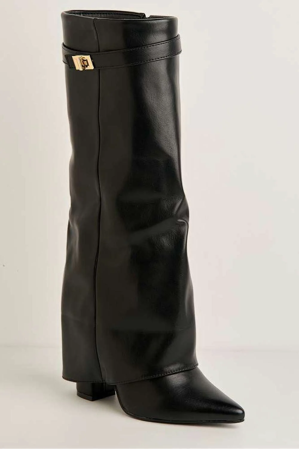 Ayla Block Heel Pointy Toe Gold Trim Buckle Collar Covered Calfboots in Black - Image 4