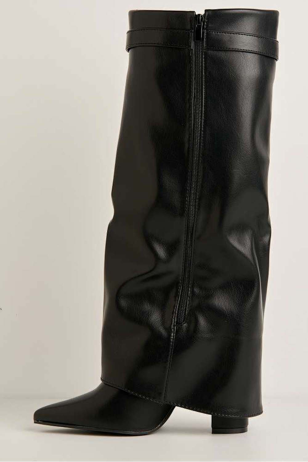 Ayla Block Heel Pointy Toe Gold Trim Buckle Collar Covered Calfboots in Black - Image 5