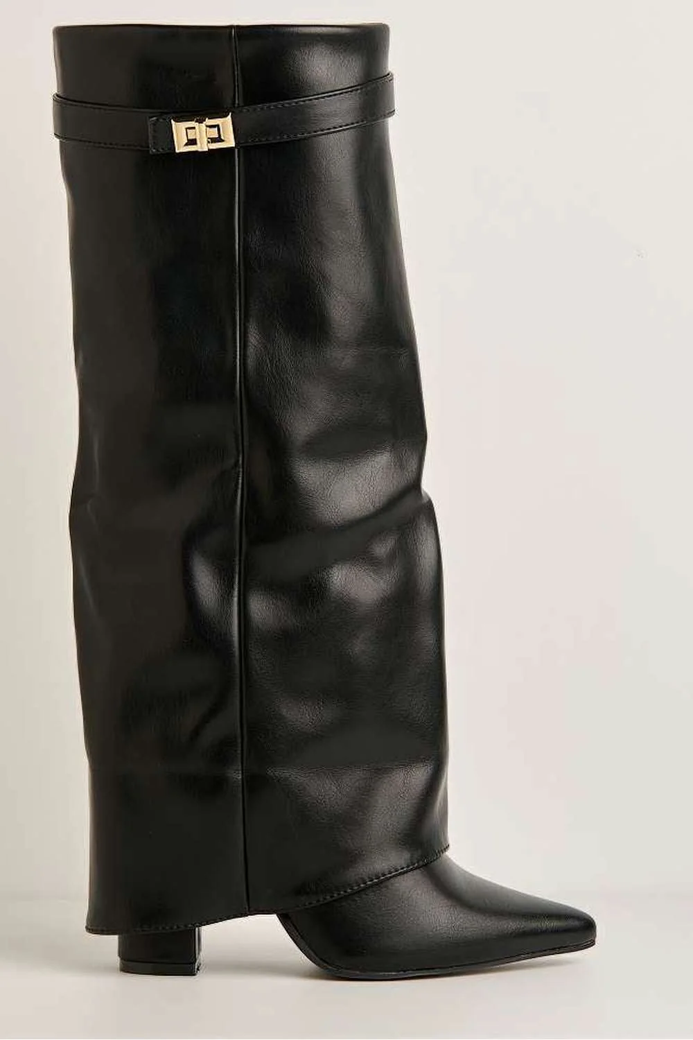 Ayla Block Heel Pointy Toe Gold Trim Buckle Collar Covered Calfboots in Black - Image 6