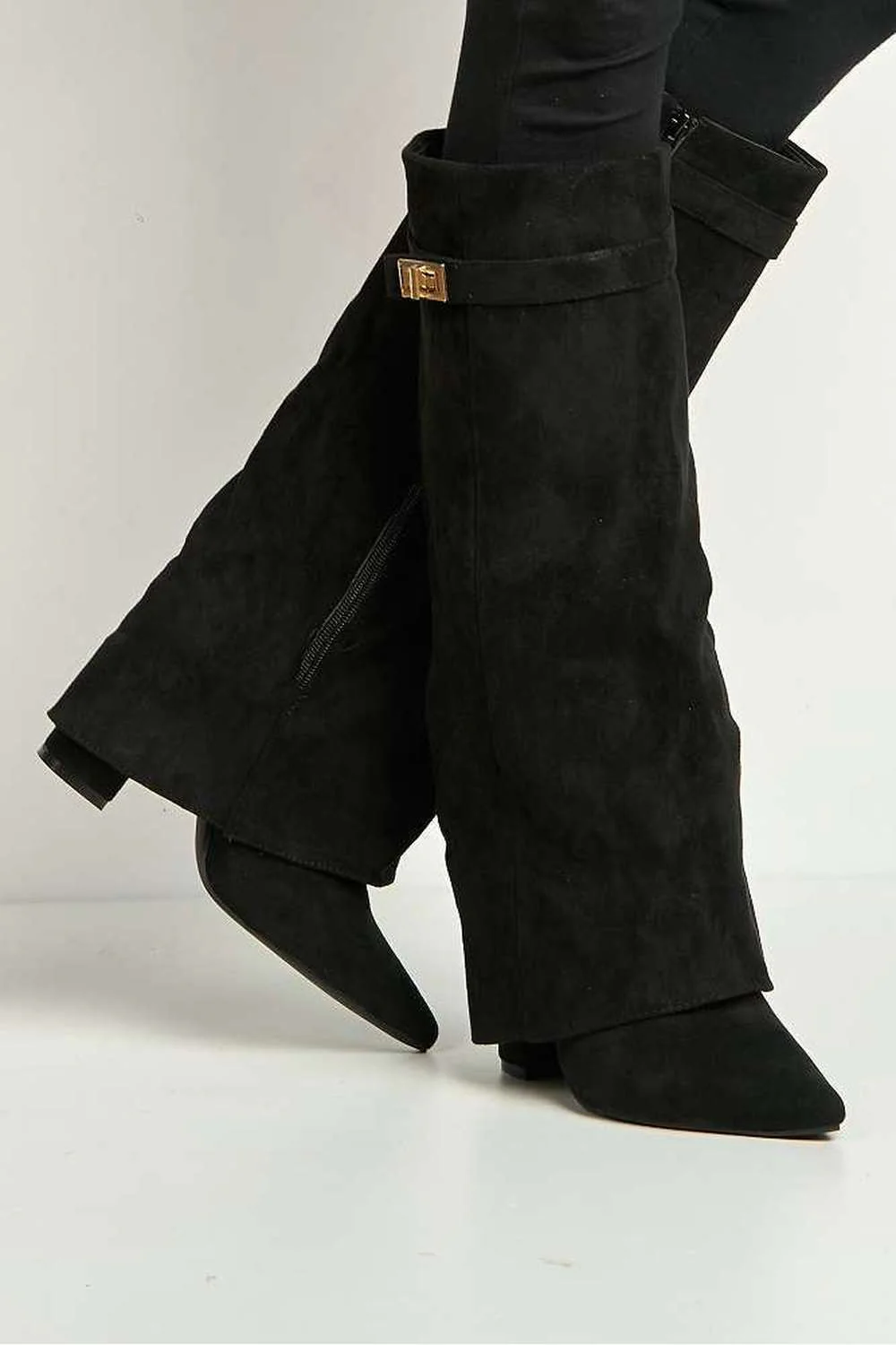 Ayla Block Heel Pointy Toe Gold Trim Buckle Collar Covered Calfboots in Black Suede - Image 3