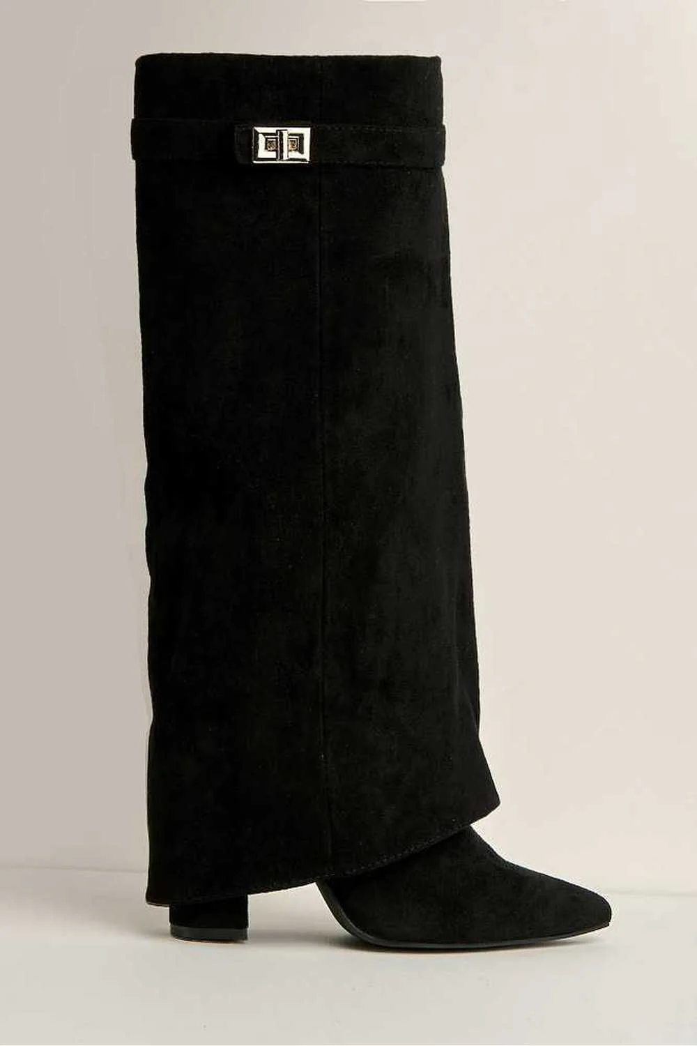 Ayla Block Heel Pointy Toe Gold Trim Buckle Collar Covered Calfboots in Black Suede - Image 4