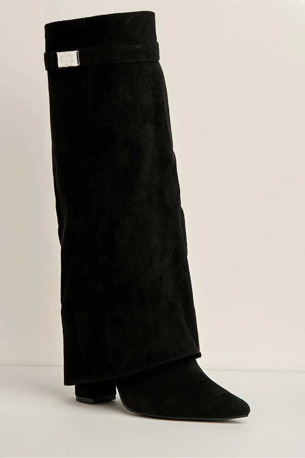 Ayla Block Heel Pointy Toe Gold Trim Buckle Collar Covered Calfboots in Black Suede - Image 5
