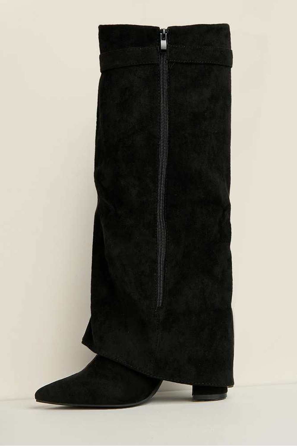 Ayla Block Heel Pointy Toe Gold Trim Buckle Collar Covered Calfboots in Black Suede - Image 6