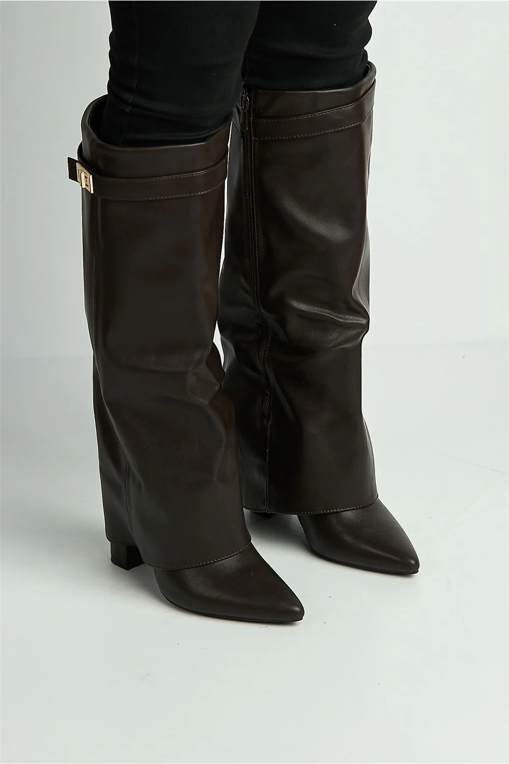 Ayla Block Heel Pointy Toe Gold Trim Buckle Collar Covered Calfboots in Brown - Image 3