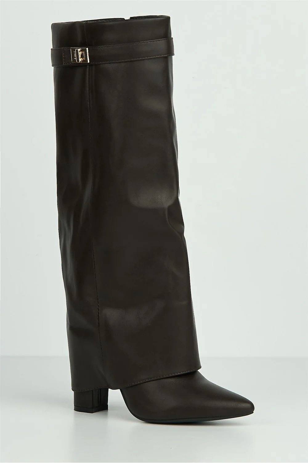 Ayla Block Heel Pointy Toe Gold Trim Buckle Collar Covered Calfboots in Brown - Image 4