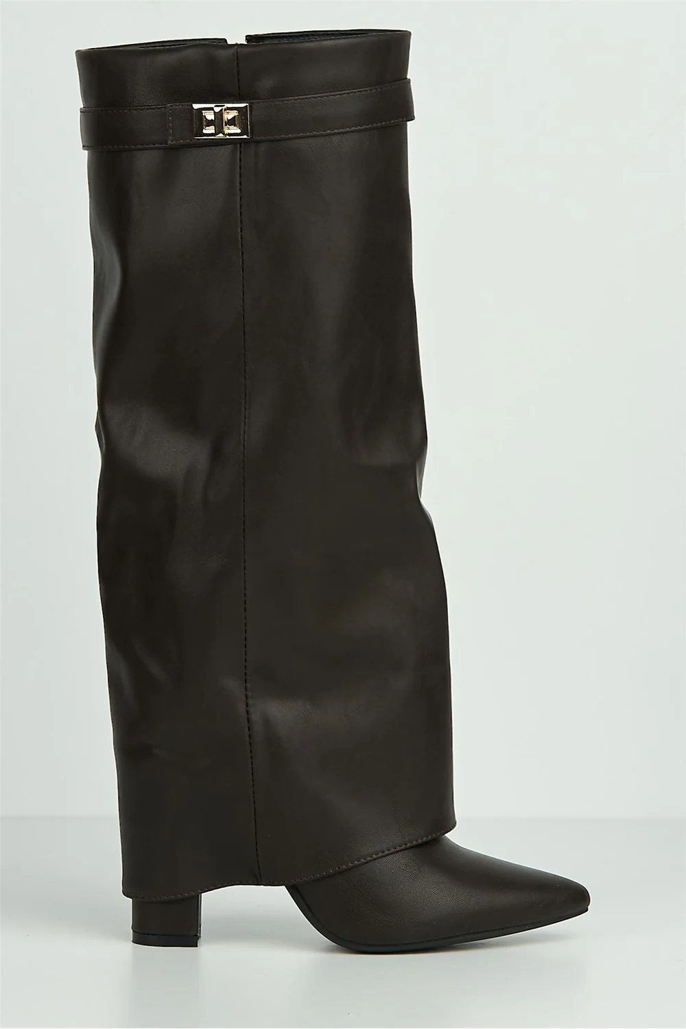 Ayla Block Heel Pointy Toe Gold Trim Buckle Collar Covered Calfboots in Brown - Image 5