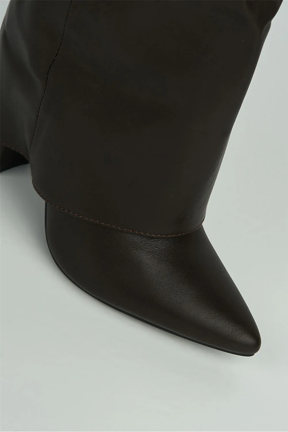 Ayla Block Heel Pointy Toe Gold Trim Buckle Collar Covered Calfboots in Brown - Image 6