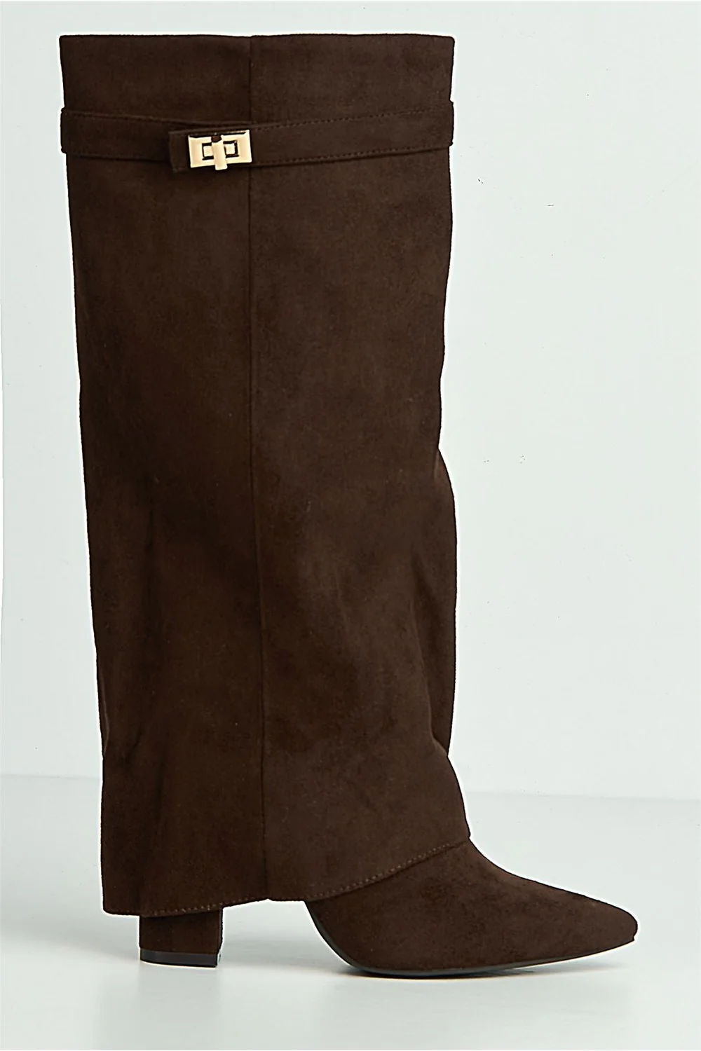 Ayla Block Heel Pointy Toe Gold Trim Buckle Collar Covered Calfboots in Chocolate Suede - Image 5