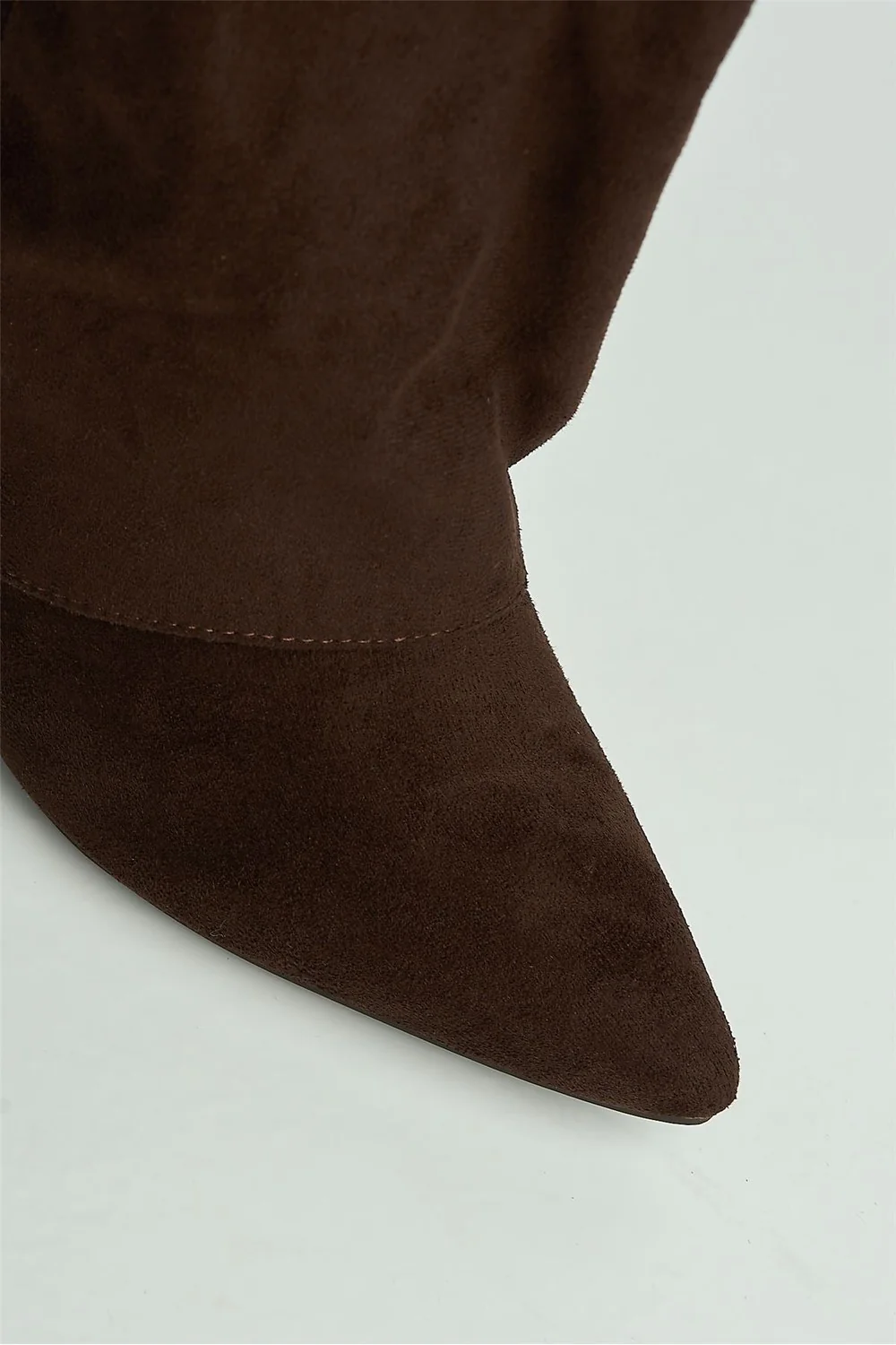 Ayla Block Heel Pointy Toe Gold Trim Buckle Collar Covered Calfboots in Chocolate Suede - Image 6