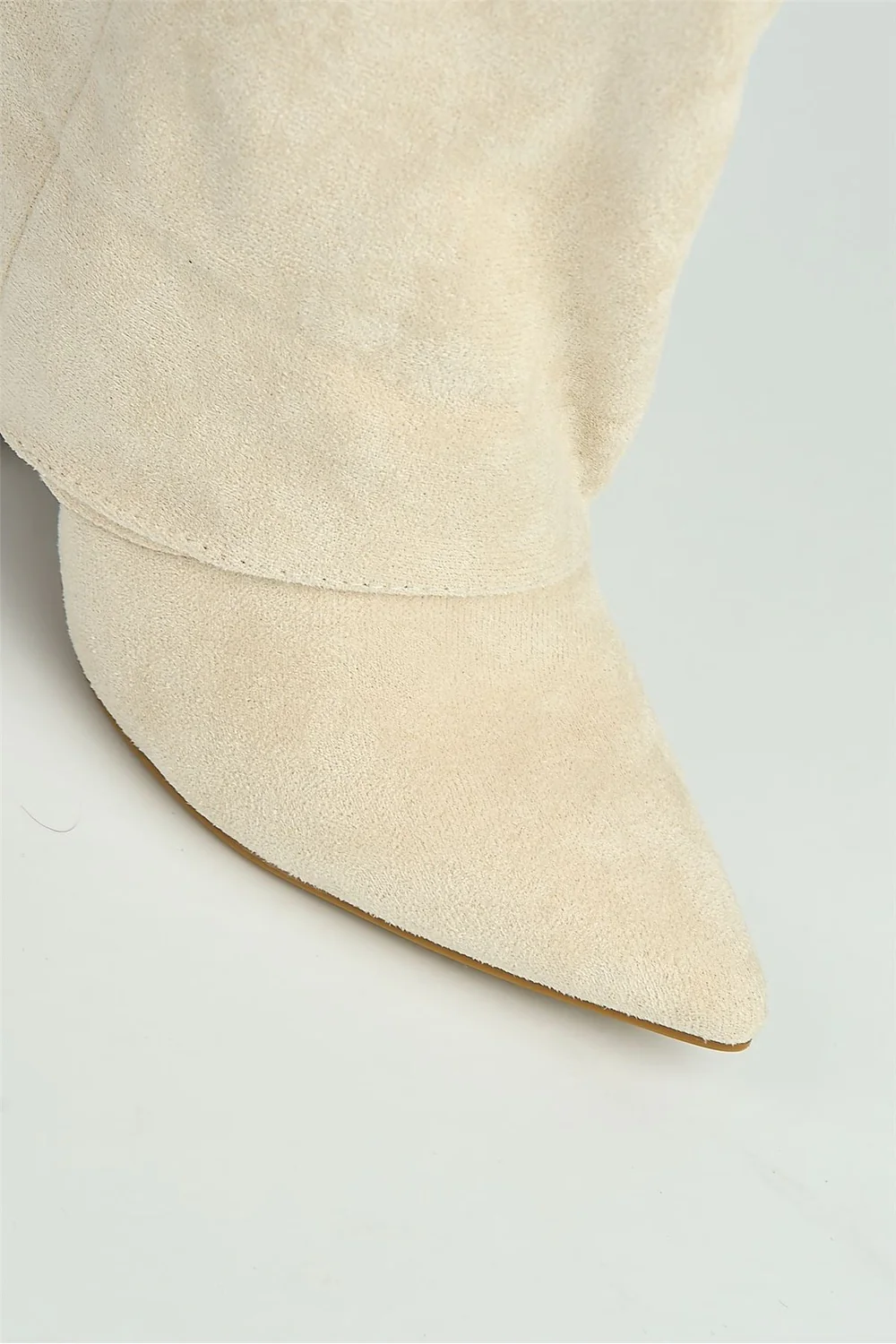 Ayla Block Heel Pointy Toe Gold Trim Buckle Collar Covered Calfboots in Cream Suede - Image 6