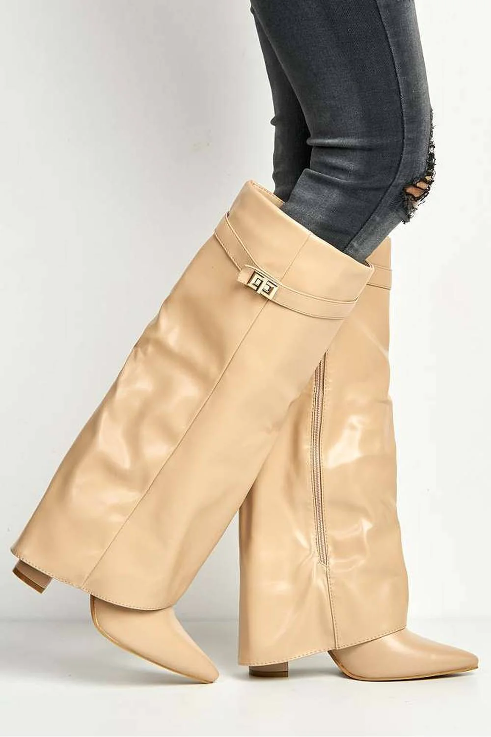 Ayla Block Heel Pointy Toe Gold Trim Buckle Collar Covered Knee-High Boots in Nude - Image 3