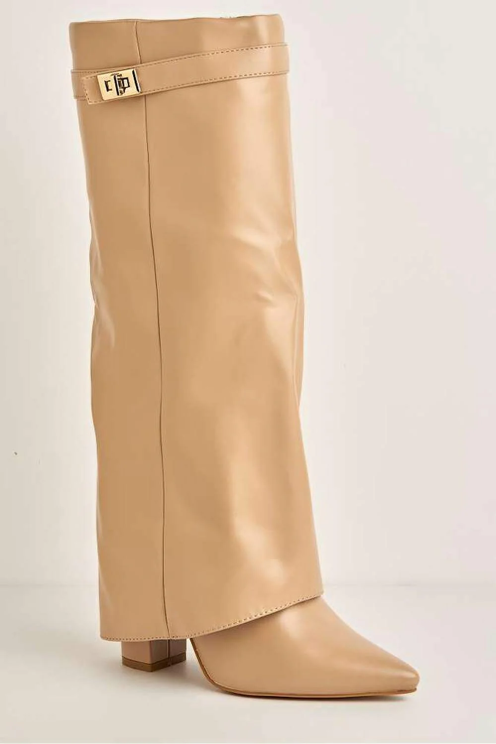 Ayla Block Heel Pointy Toe Gold Trim Buckle Collar Covered Knee-High Boots in Nude - Image 4