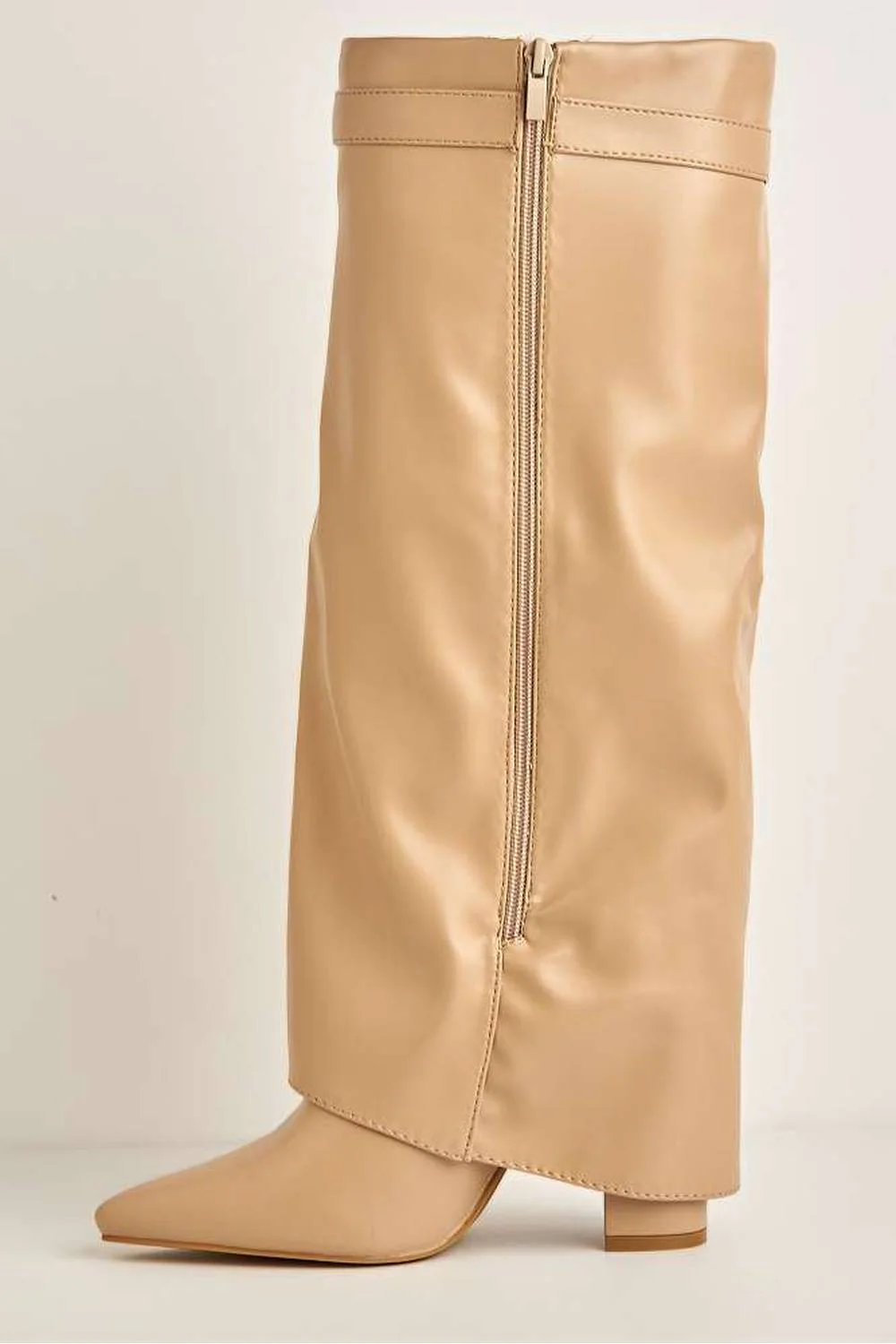 Ayla Block Heel Pointy Toe Gold Trim Buckle Collar Covered Knee-High Boots in Nude - Image 5