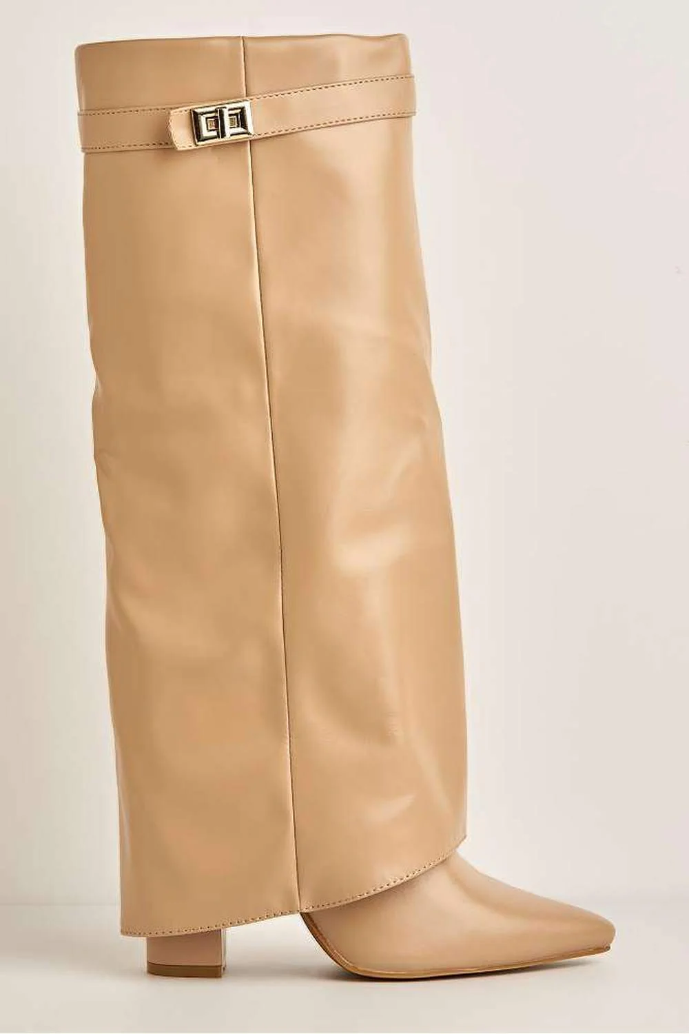 Ayla Block Heel Pointy Toe Gold Trim Buckle Collar Covered Knee-High Boots in Nude - Image 6