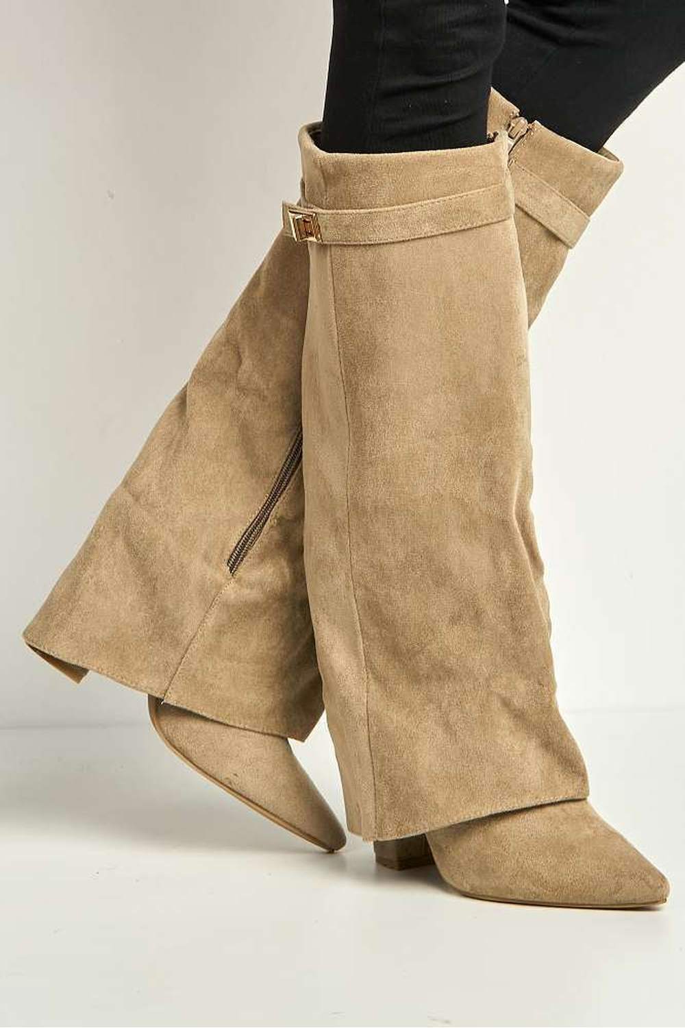 Ayla Block Heel Pointy Toe Gold Trim Buckle Collar Covered Calfboots in Taupe Suede - Image 3