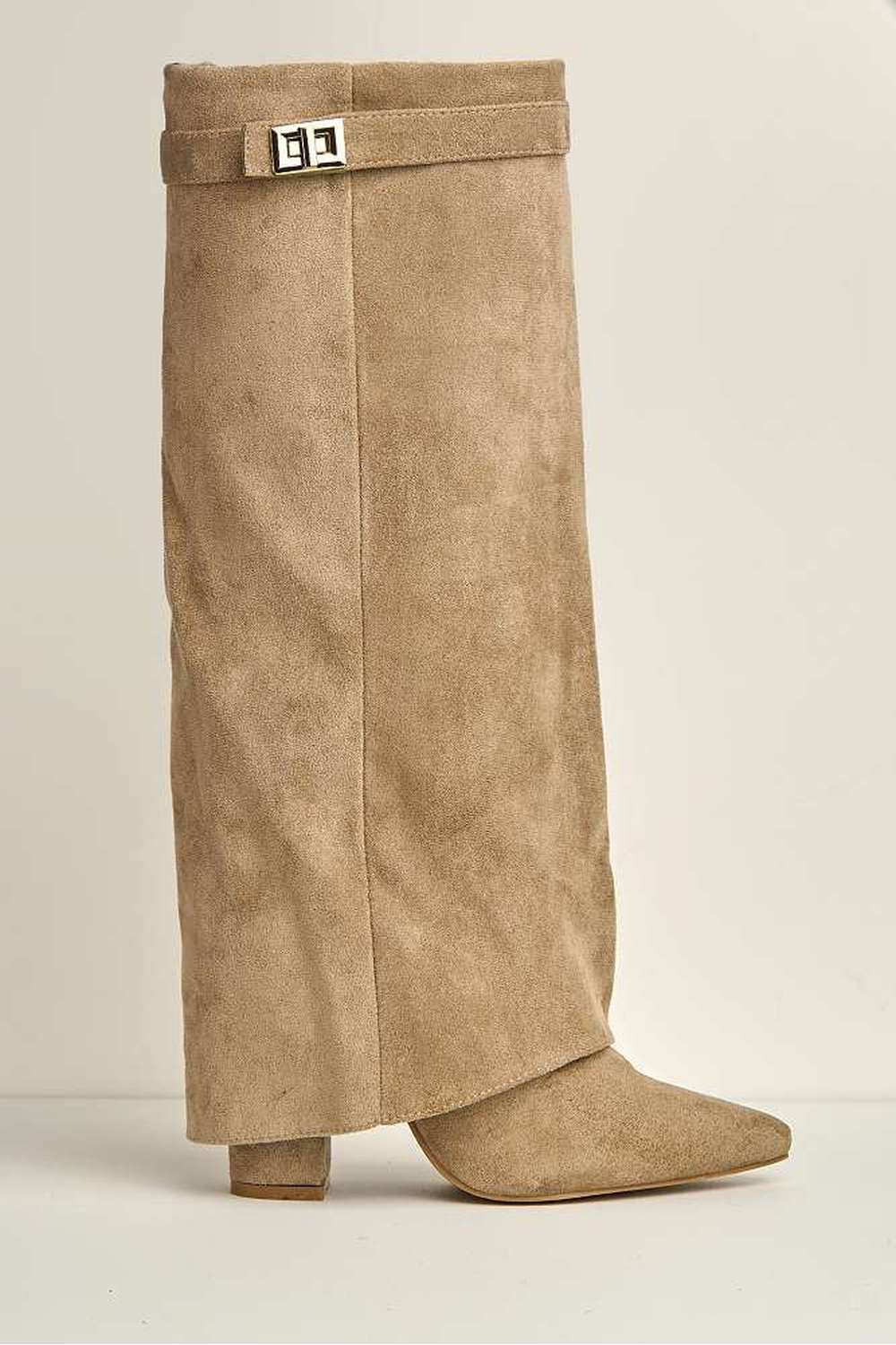 Ayla Block Heel Pointy Toe Gold Trim Buckle Collar Covered Calfboots in Taupe Suede - Image 4