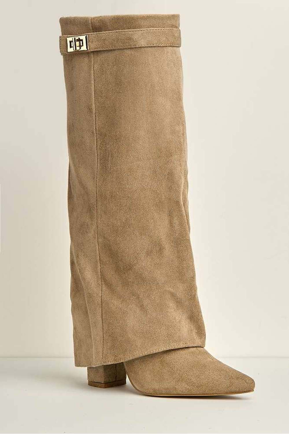 Ayla Block Heel Pointy Toe Gold Trim Buckle Collar Covered Calfboots in Taupe Suede - Image 5