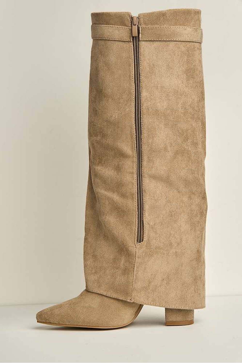 Ayla Block Heel Pointy Toe Gold Trim Buckle Collar Covered Calfboots in Taupe Suede - Image 6