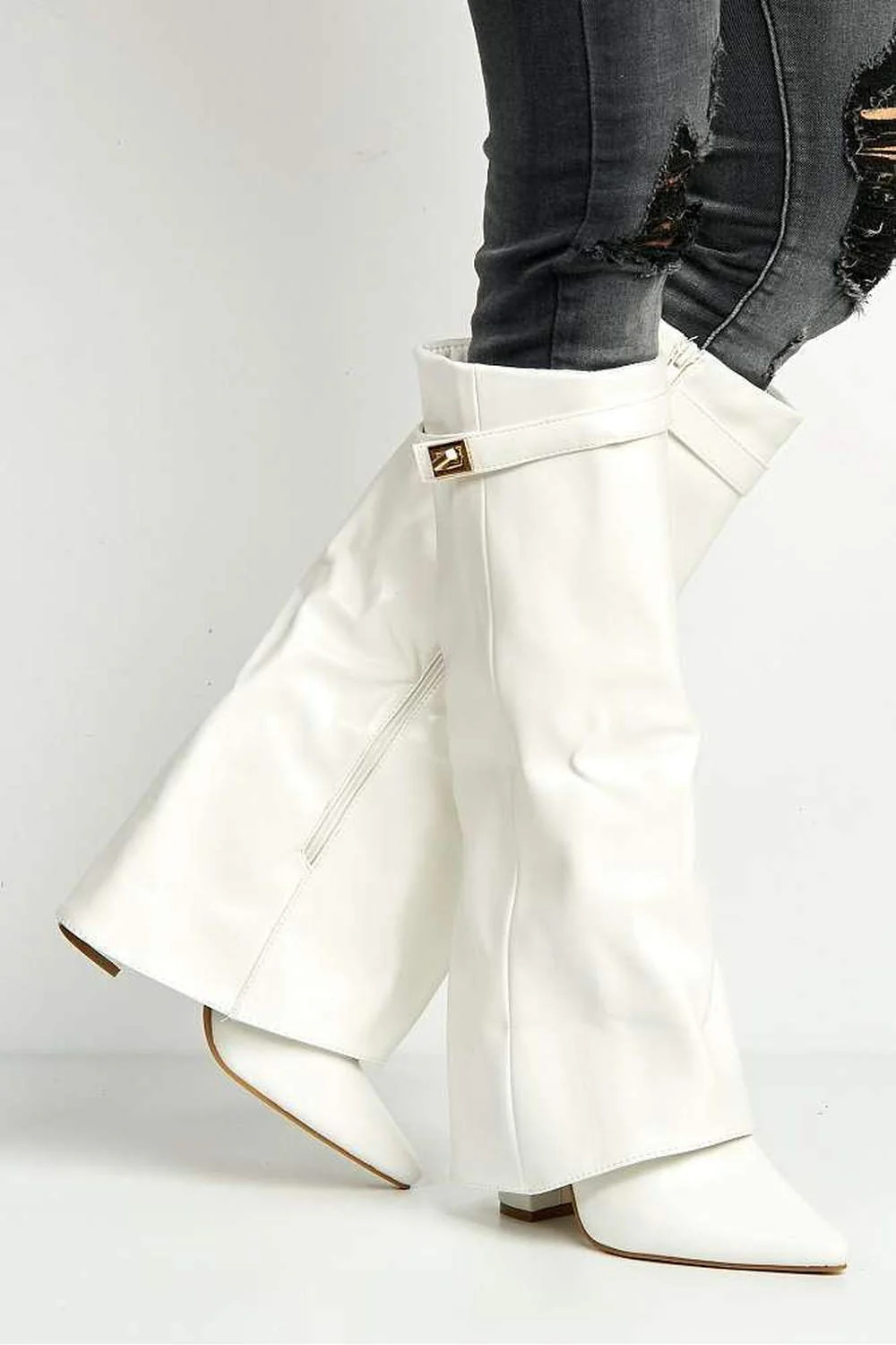 Ayla Block Heel Pointy Toe Gold Trim Buckle Collar Covered Knee High boots in White - Image 2