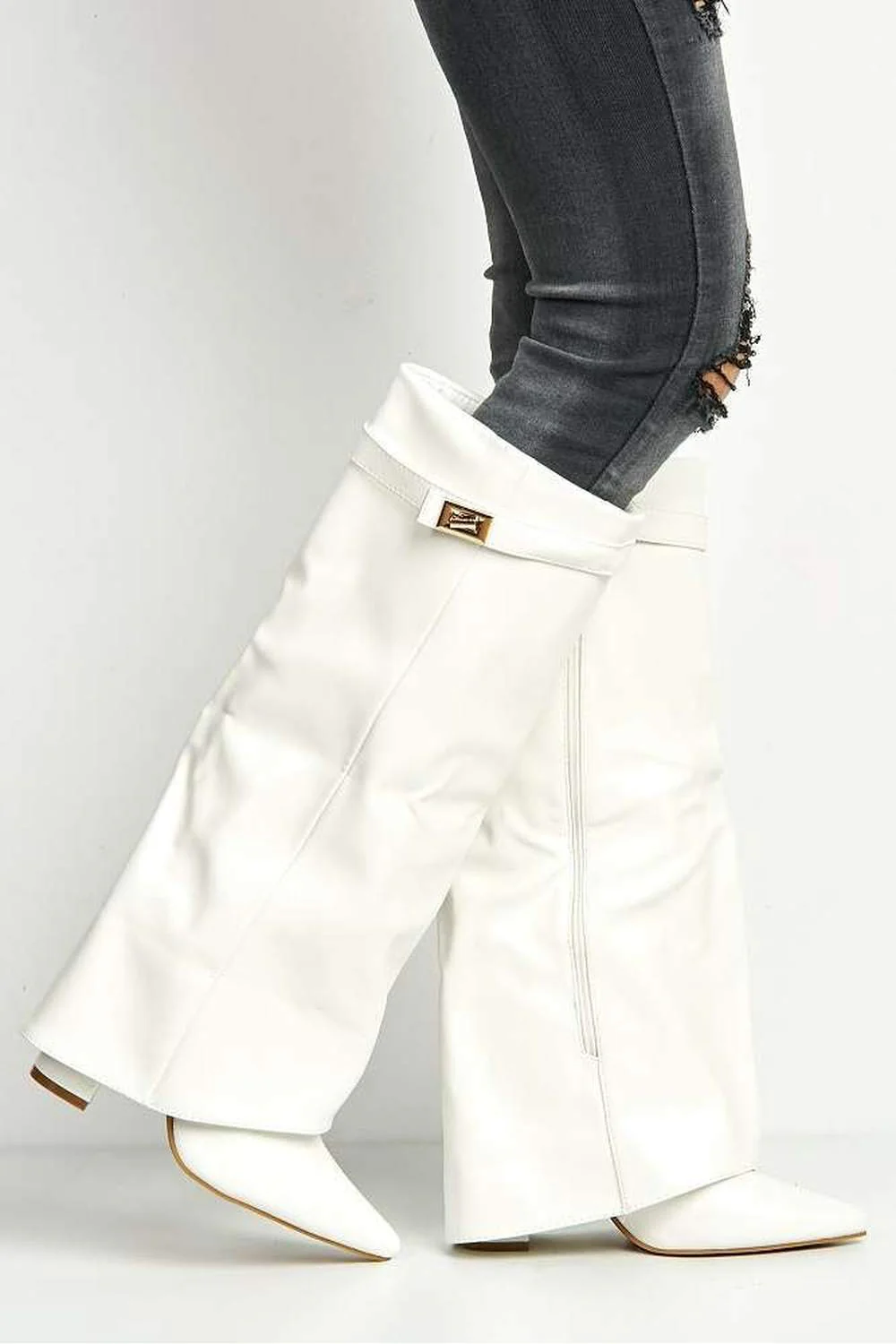 Ayla Block Heel Pointy Toe Gold Trim Buckle Collar Covered Knee High boots in White - Image 3