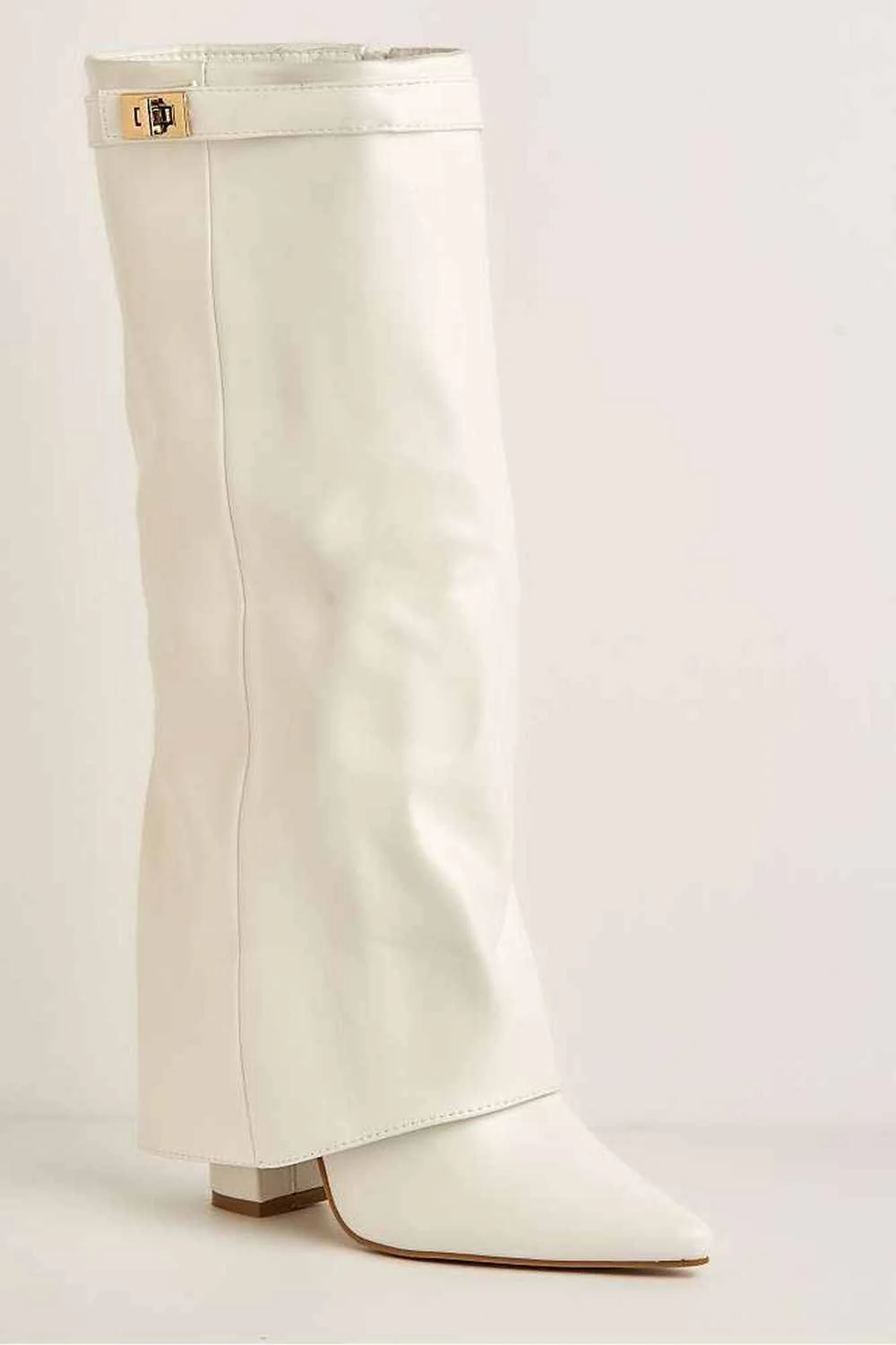 Ayla Block Heel Pointy Toe Gold Trim Buckle Collar Covered Knee High boots in White - Image 4