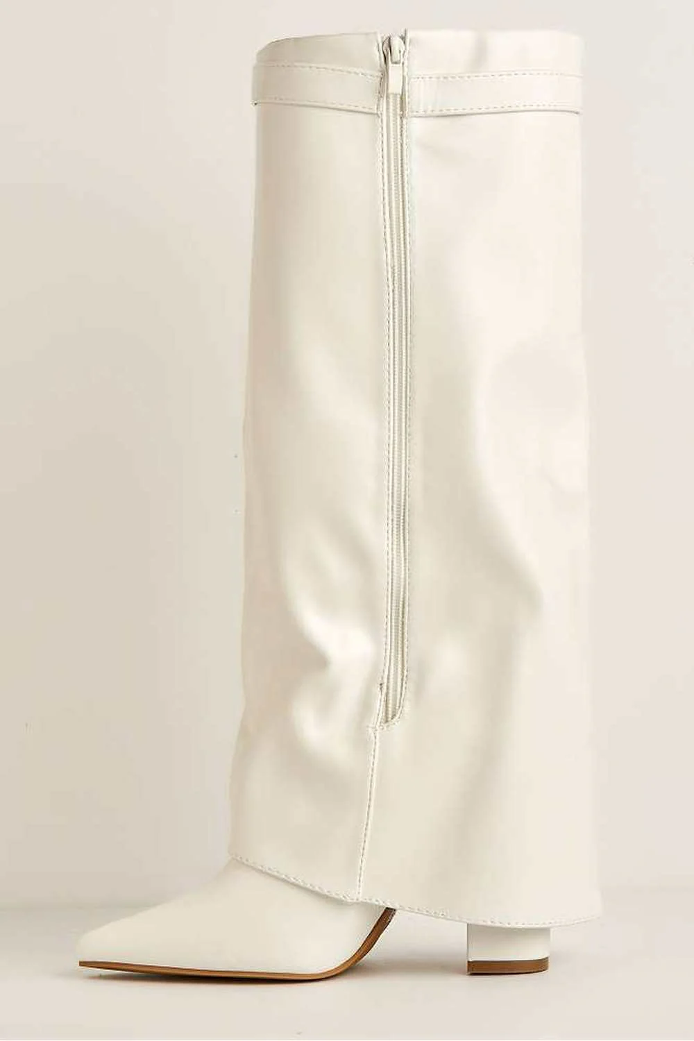 Ayla Block Heel Pointy Toe Gold Trim Buckle Collar Covered Knee High boots in White - Image 5