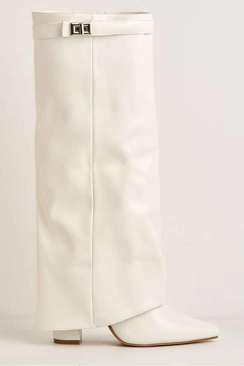 Ayla Block Heel Pointy Toe Gold Trim Buckle Collar Covered Knee High boots in White - Image 6
