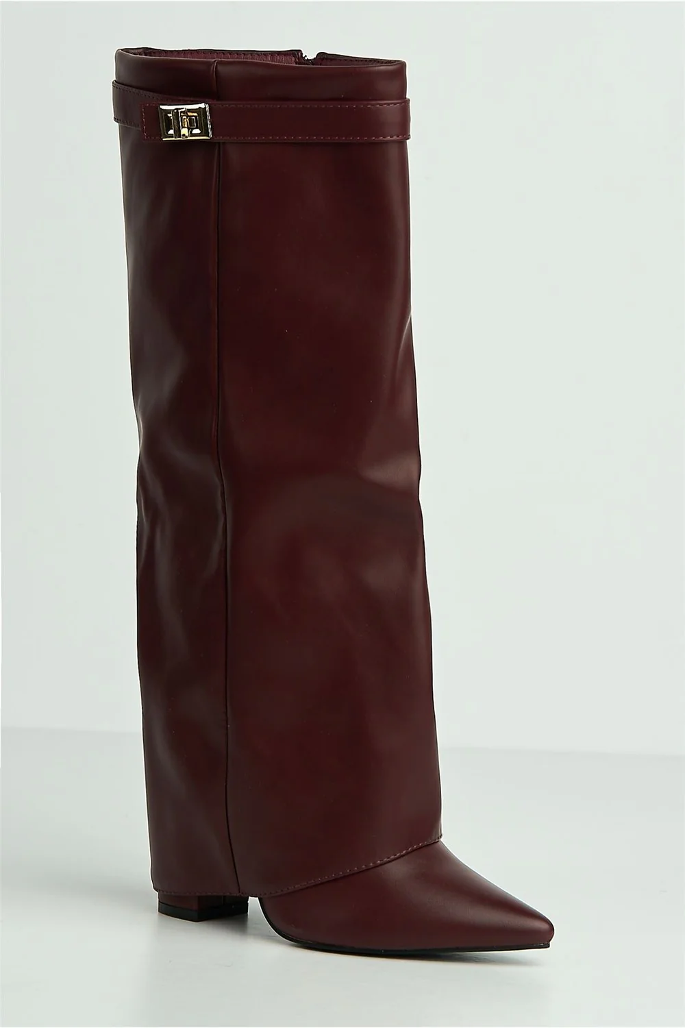 Ayla Block Heel Pointy Toe Gold Trim Buckle Collar Covered Calfboots in Wine - Image 4