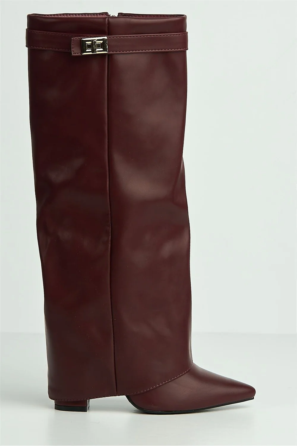 Ayla Block Heel Pointy Toe Gold Trim Buckle Collar Covered Calfboots in Wine - Image 5