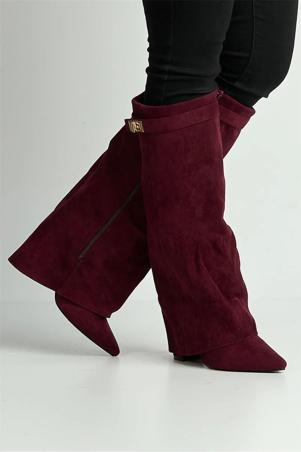Ayla Block Heel Pointy Toe Gold Trim Buckle Collar Covered Calfboots in Wine Suede - Image 3