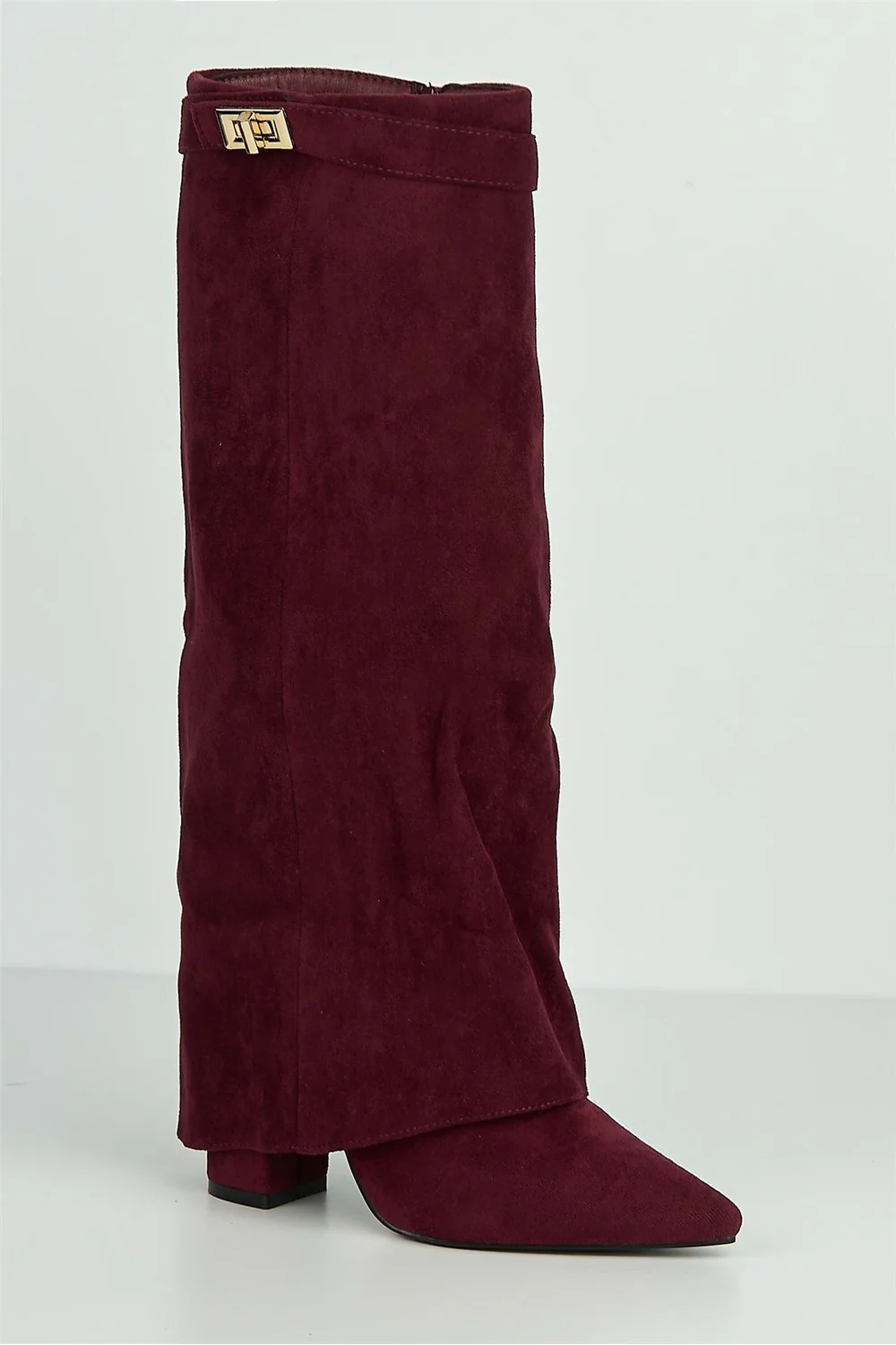 Ayla Block Heel Pointy Toe Gold Trim Buckle Collar Covered Calfboots in Wine Suede - Image 4